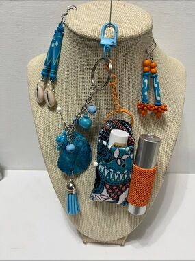 Turquoise Orange Beaded Keychain Set Double Lipstick Lip Balm Holder 2pr earring
